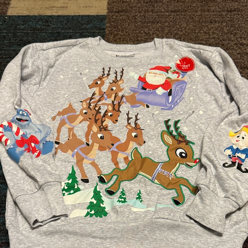 Rudolph Gray Christmas Sweatshirt with Santa and Reindeer NWOT